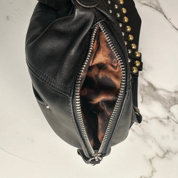 Vintage B Makowsky Y2K Studded Leather Shoulder Bag Black Gold Silver Fringe - Picture 7 of 11